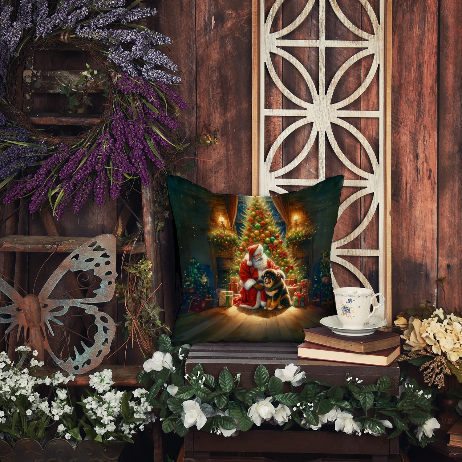 Tibetan Mastiff and Santa Claus Decorative Throw Pillow 14x14 Indoor Outdoor Accent Cushion, Fabric Cover with Insert for Sofa, Bed, Porch & Living Room
