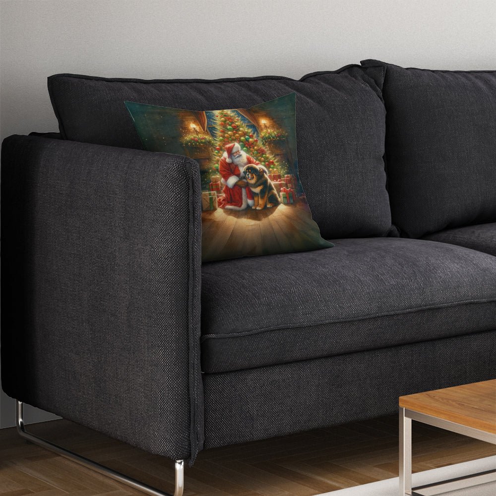 Tibetan Mastiff and Santa Claus Decorative Throw Pillow 14x14 Indoor Outdoor Accent Cushion, Fabric Cover with Insert for Sofa, Bed, Porch & Living Room