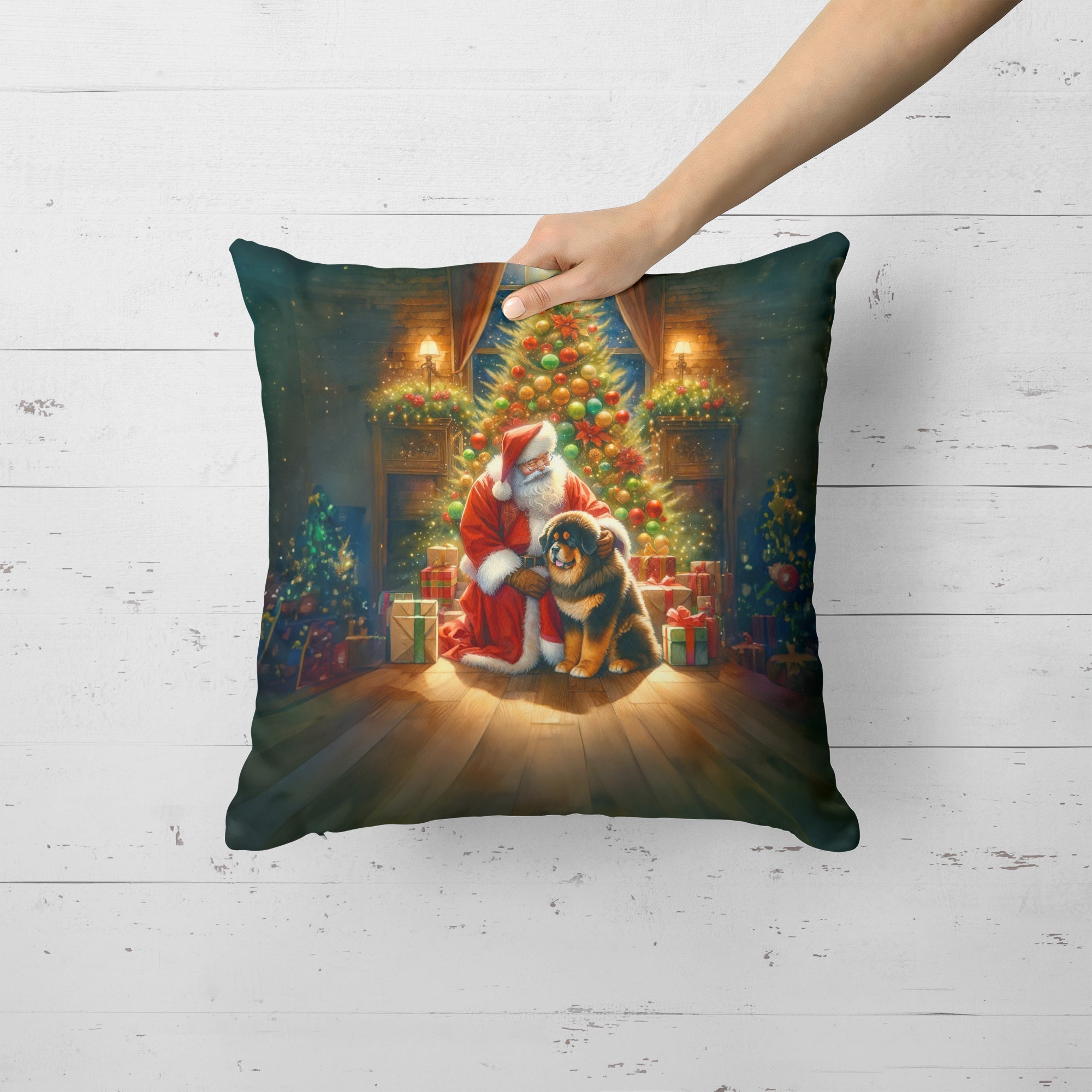 Tibetan Mastiff and Santa Claus Decorative Throw Pillow 18x18 Indoor Outdoor Accent Cushion, Fabric Cover with Insert for Sofa, Bed, Porch & Living Room