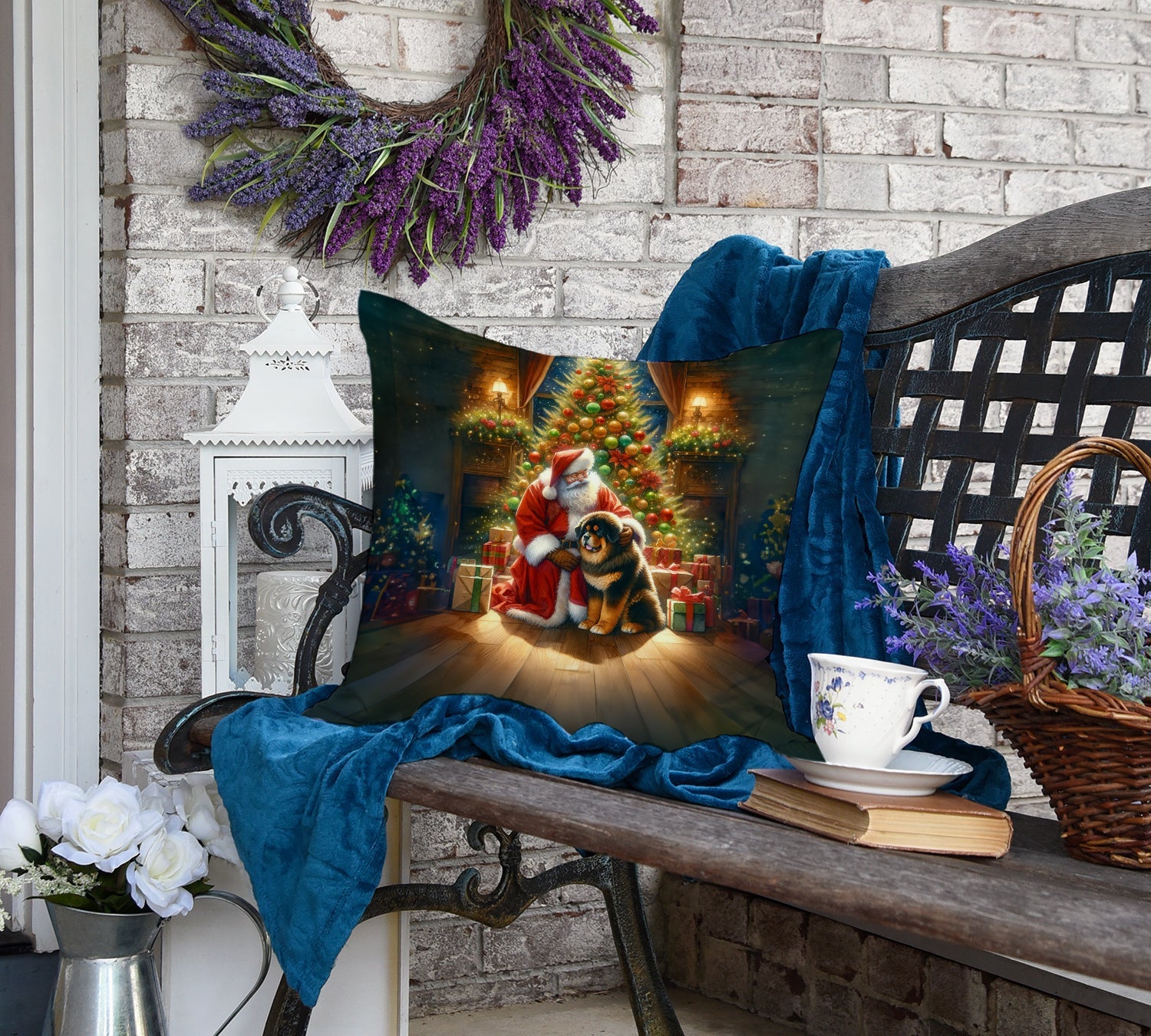Tibetan Mastiff and Santa Claus Decorative Throw Pillow 18x18 Indoor Outdoor Accent Cushion, Fabric Cover with Insert for Sofa, Bed, Porch & Living Room