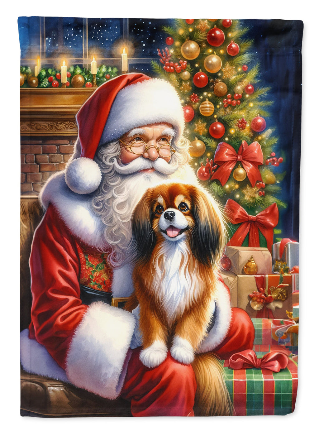 Tibetan Spaniel and Santa Claus House Flag 28x40 Porch Sleeve Pole Decorative Outside Yard Banner Artwork Wall Hanging, Polyester
