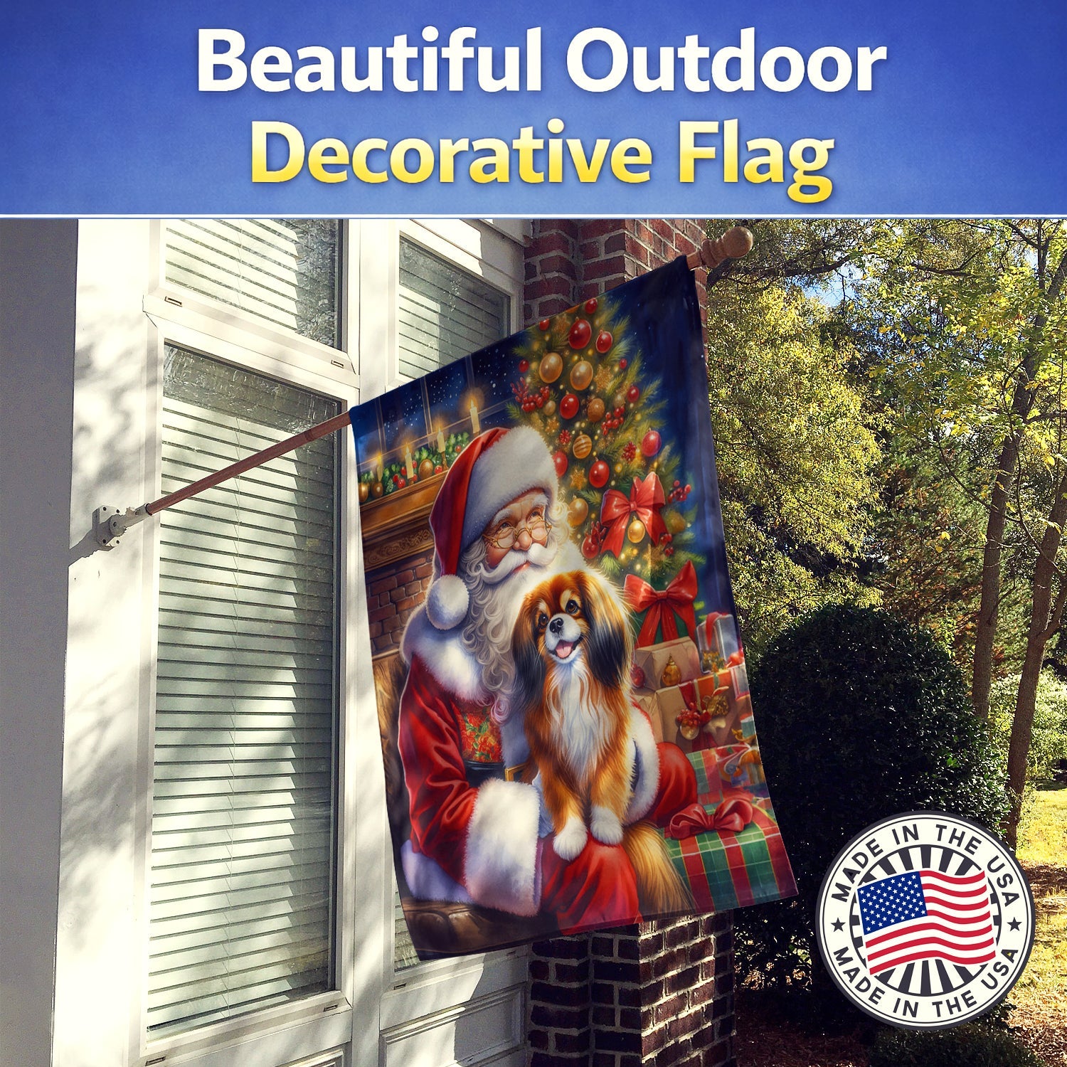 Tibetan Spaniel and Santa Claus House Flag 28x40 Porch Sleeve Pole Decorative Outside Yard Banner Artwork Wall Hanging, Polyester
