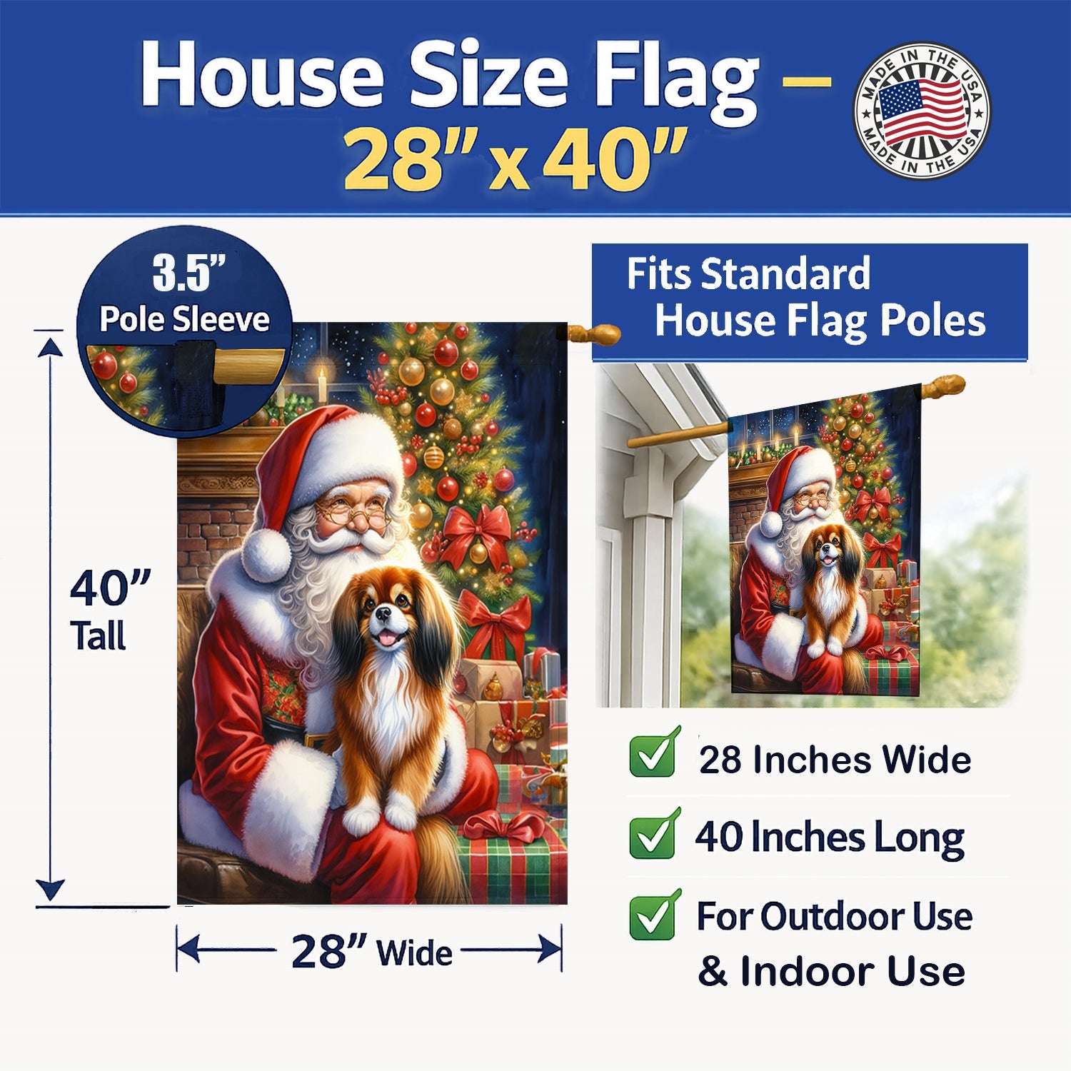 Tibetan Spaniel and Santa Claus House Flag 28x40 Porch Sleeve Pole Decorative Outside Yard Banner Artwork Wall Hanging, Polyester