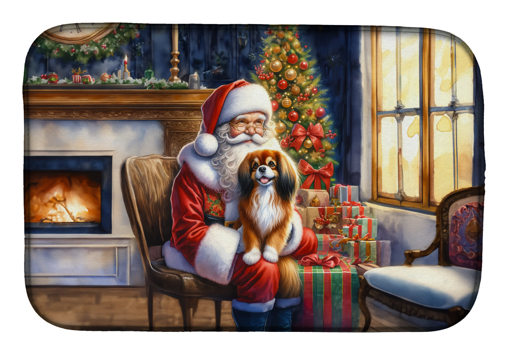 Tibetan Spaniel and Santa Claus Dish Drying Mat Absorbent Dish Drying Mat Pad for Kitchen Counter Dish Drainer Mat for Countertop, 14 x 21", Multicolor