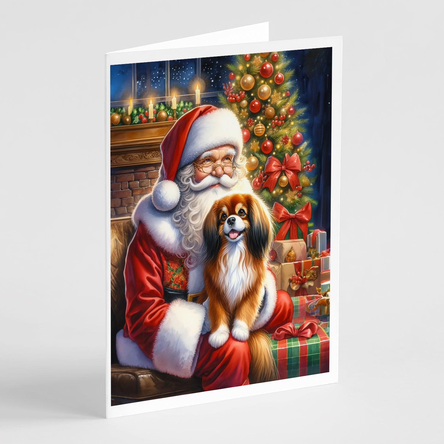 Tibetan Spaniel and Santa Claus Greeting Cards Pack of 8 Blank Cards with Envelopes Whimsical A7 Size 5x7