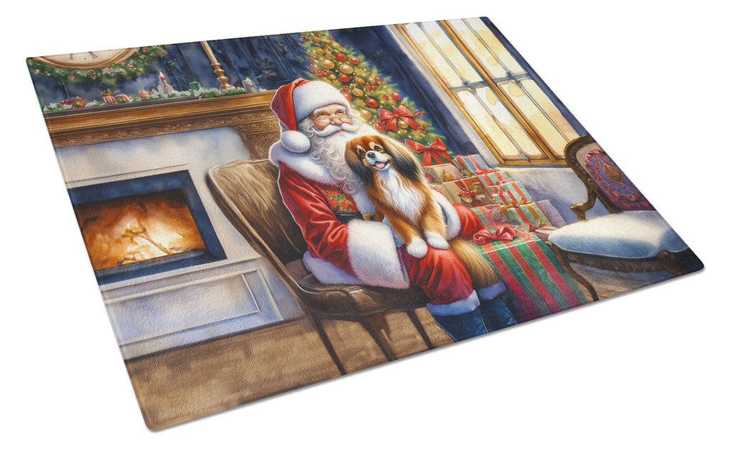 Tibetan Spaniel and Santa Claus Cutting Board Tempered Glass Kitchen Cutting Surface, Heat Resistant Chopping, Non-Slip Feet, Food Prep & Serving