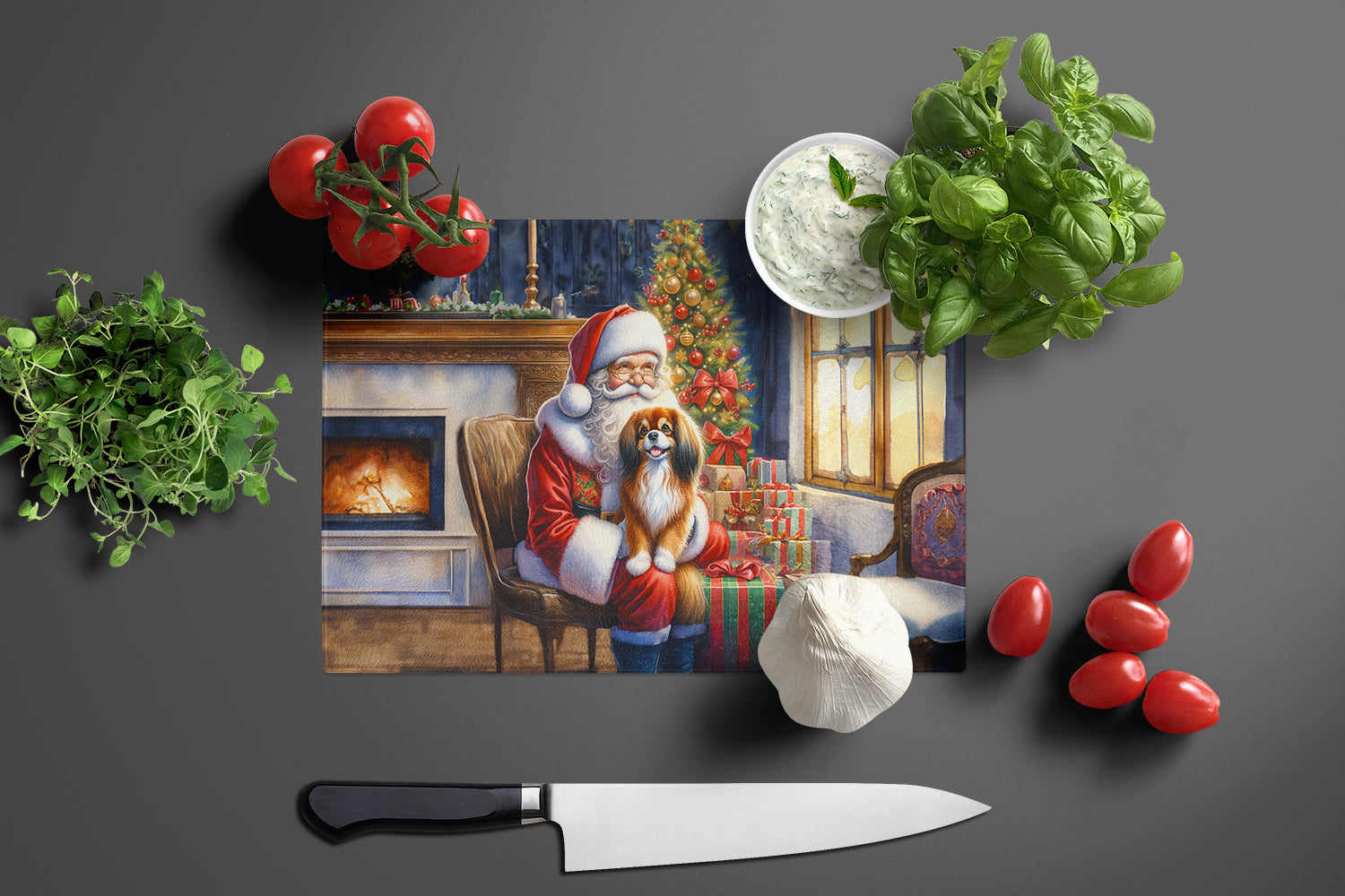 Tibetan Spaniel and Santa Claus Cutting Board Tempered Glass Kitchen Cutting Surface, Heat Resistant Chopping, Non-Slip Feet, Food Prep & Serving