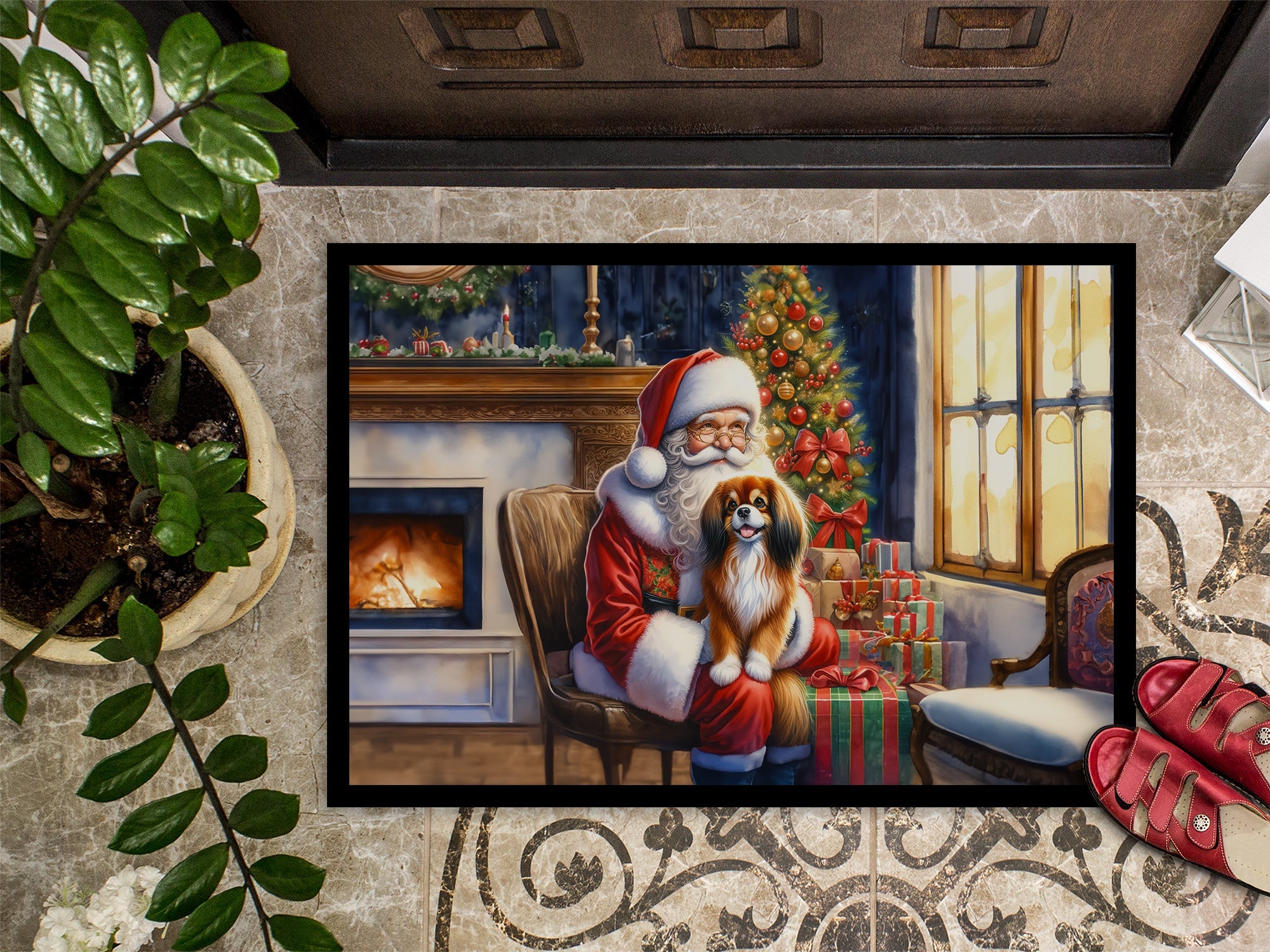 Tibetan Spaniel and Santa Claus Doormat Indoor Outdoor 18H X 27W Front Door Mat Rugs for Entryway, Non Slip Washable