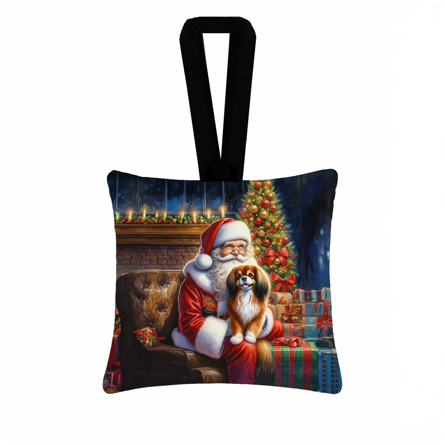 Tibetan Spaniel and Santa Claus Hanging Square Fabric Ornament 3.5 × 3.5 Decorative Door-Knob & Tree Hanger, Soft Fabric