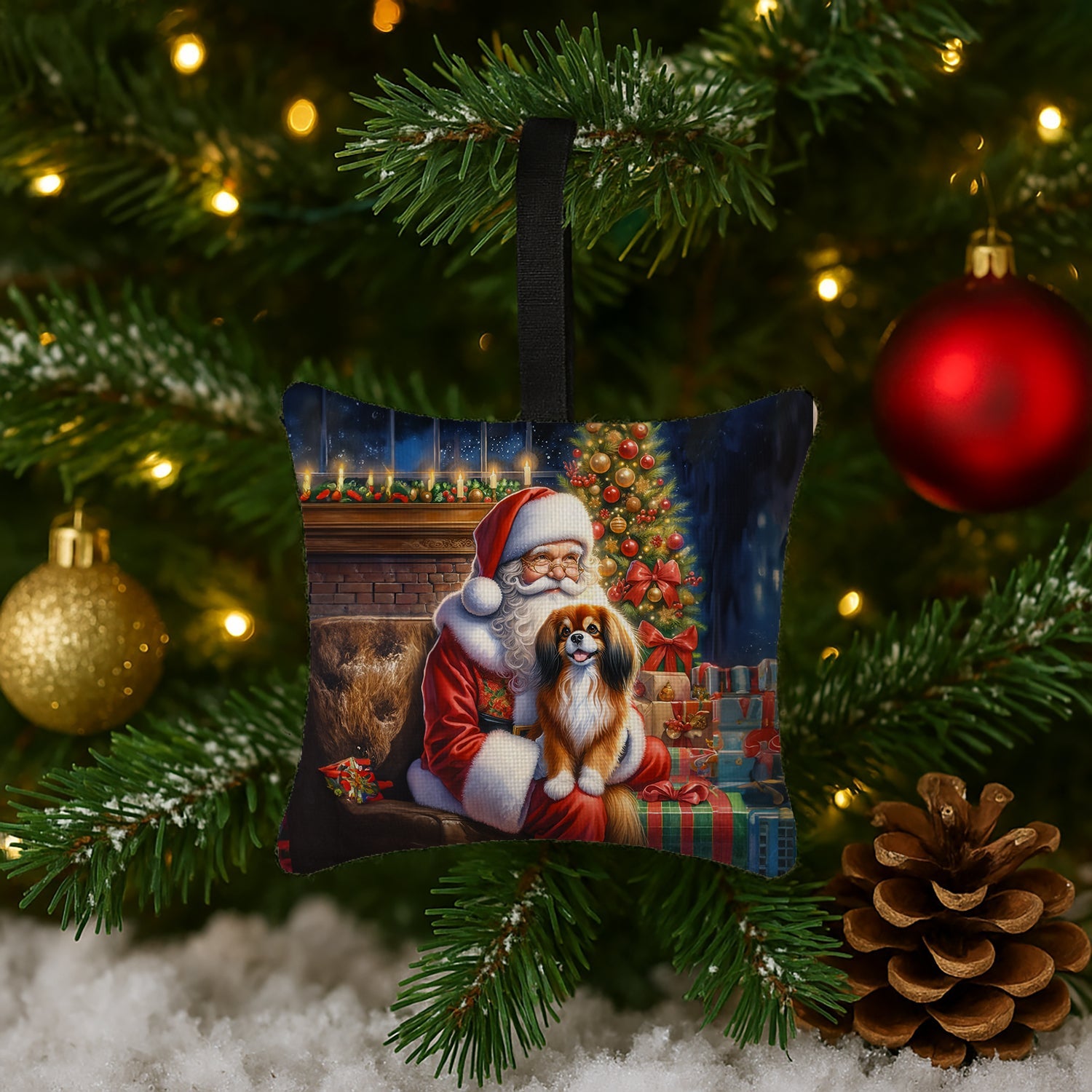 Tibetan Spaniel and Santa Claus Hanging Square Fabric Ornament 3.5 × 3.5 Decorative Door-Knob & Tree Hanger, Soft Fabric