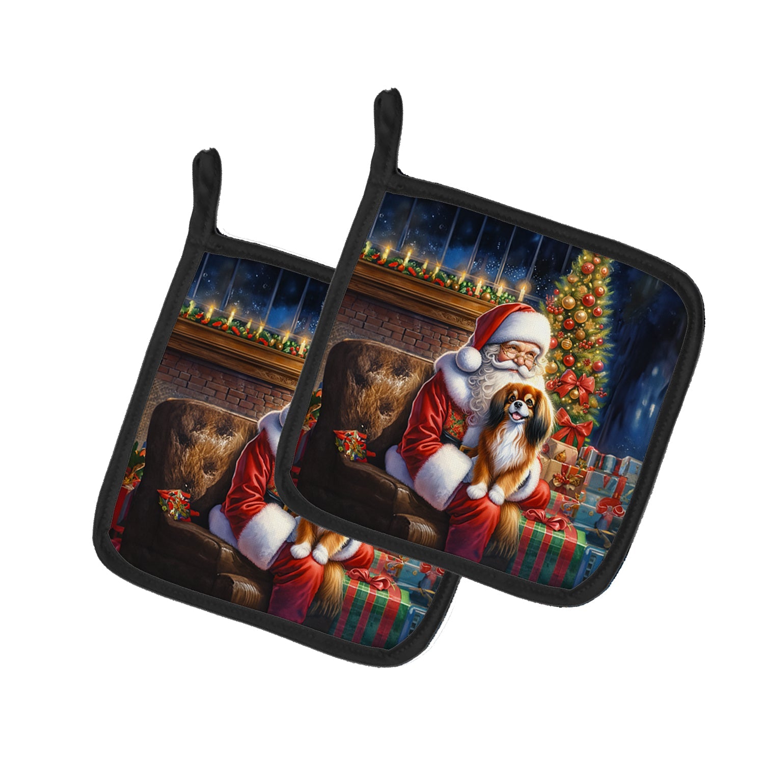 Tibetan Spaniel and Santa Claus Pot Holder Set of 2 Heat Resistant Quilted Hot Pads 7.5 x 7.5 Inch, Insulated Kitchen Trivets for Cooking & Baking