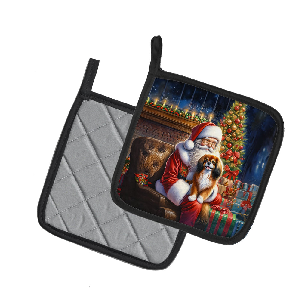 Tibetan Spaniel and Santa Claus Pot Holder Set of 2 Heat Resistant Quilted Hot Pads 7.5 x 7.5 Inch, Insulated Kitchen Trivets for Cooking & Baking