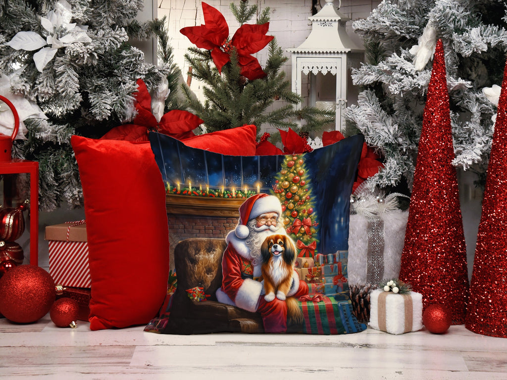 Tibetan Spaniel and Santa Claus Decorative Throw Pillow 14x14 Indoor Outdoor Accent Cushion, Fabric Cover with Insert for Sofa, Bed, Porch & Living Room
