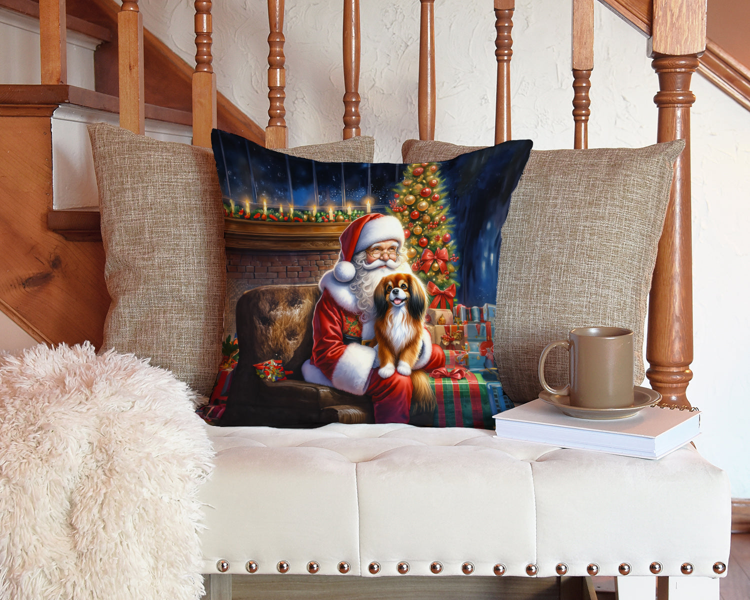 Tibetan Spaniel and Santa Claus Decorative Throw Pillow 14x14 Indoor Outdoor Accent Cushion, Fabric Cover with Insert for Sofa, Bed, Porch & Living Room