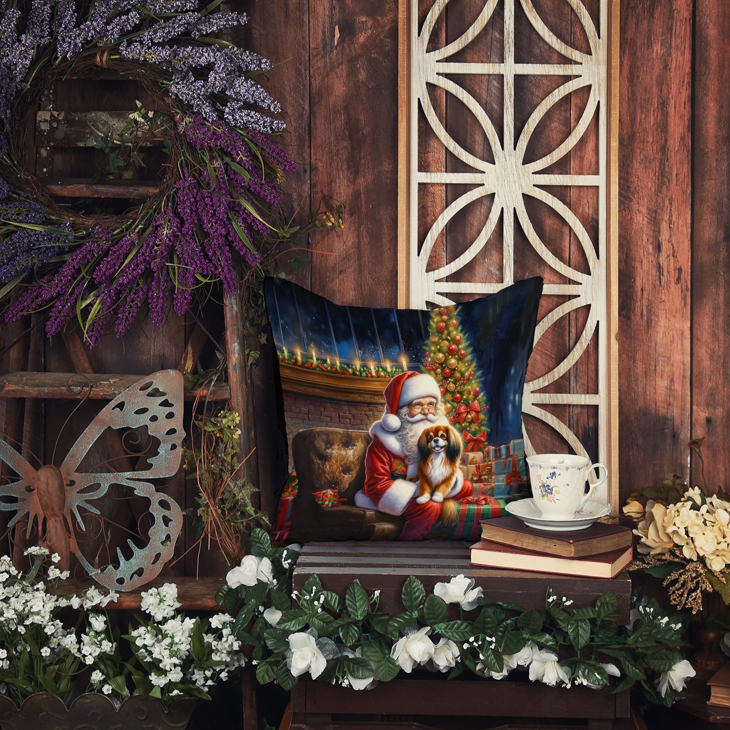 Tibetan Spaniel and Santa Claus Decorative Throw Pillow 14x14 Indoor Outdoor Accent Cushion, Fabric Cover with Insert for Sofa, Bed, Porch & Living Room