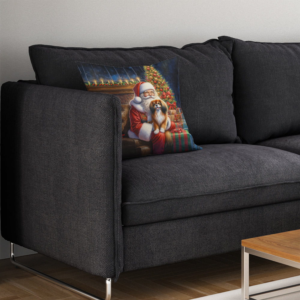 Tibetan Spaniel and Santa Claus Decorative Throw Pillow 14x14 Indoor Outdoor Accent Cushion, Fabric Cover with Insert for Sofa, Bed, Porch & Living Room