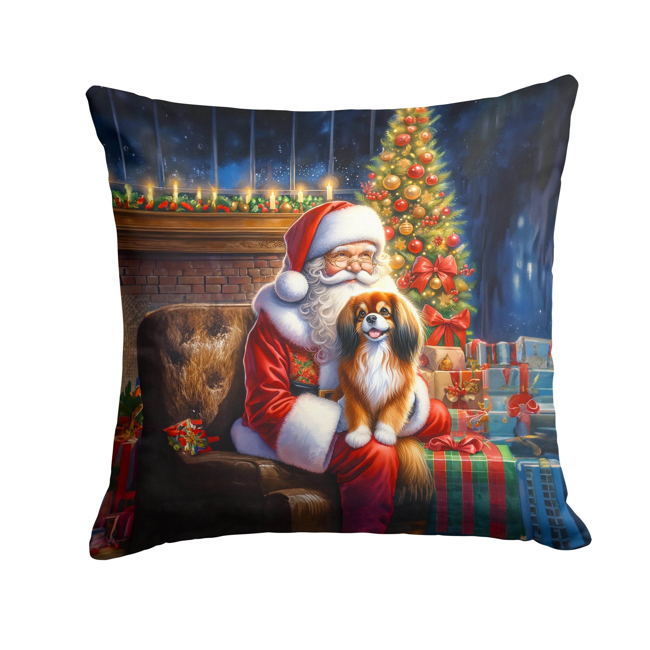 Tibetan Spaniel and Santa Claus Decorative Throw Pillow 18x18 Indoor Outdoor Accent Cushion, Fabric Cover with Insert for Sofa, Bed, Porch & Living Room