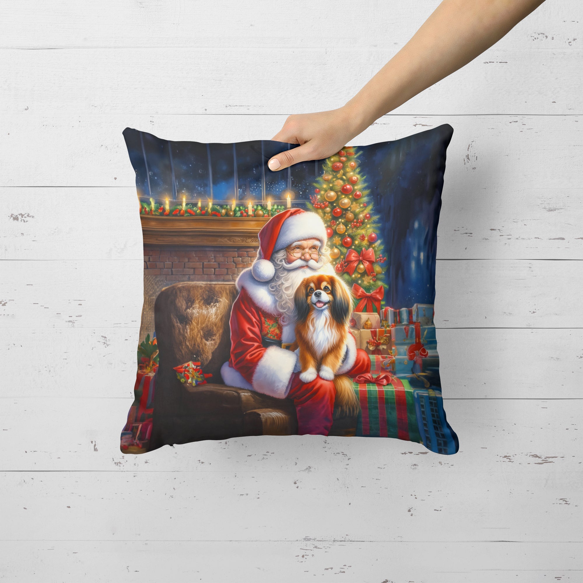 Tibetan Spaniel and Santa Claus Decorative Throw Pillow 18x18 Indoor Outdoor Accent Cushion, Fabric Cover with Insert for Sofa, Bed, Porch & Living Room