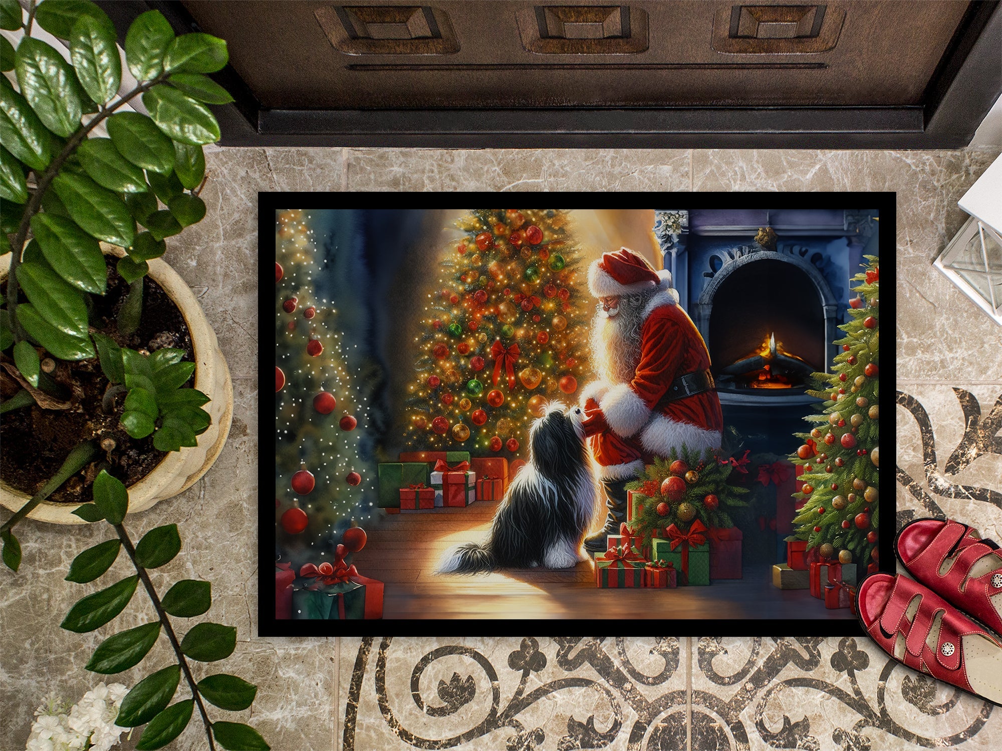 Tibetan Terrier and Santa Claus Doormat Indoor Outdoor 24H X 36W Front Door Mat Rugs for Entryway, Non Slip Washable Low Pile,
