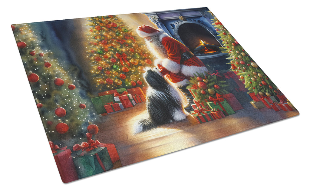 Tibetan Terrier and Santa Claus Cutting Board Tempered Glass Kitchen Cutting Surface, Heat Resistant Chopping, Non-Slip Feet, Food Prep & Serving
