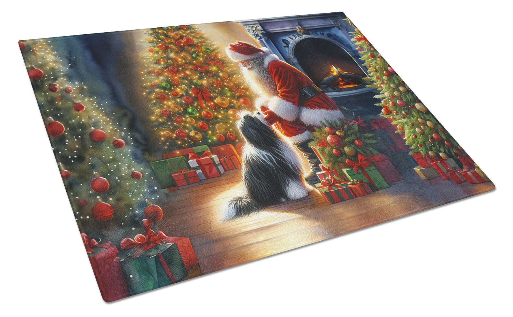 Tibetan Terrier and Santa Claus Cutting Board Tempered Glass Kitchen Cutting Surface, Heat Resistant Chopping, Non-Slip Feet, Food Prep & Serving