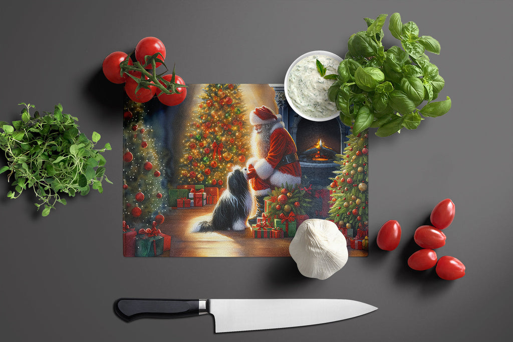 Tibetan Terrier and Santa Claus Cutting Board Tempered Glass Kitchen Cutting Surface, Heat Resistant Chopping, Non-Slip Feet, Food Prep & Serving