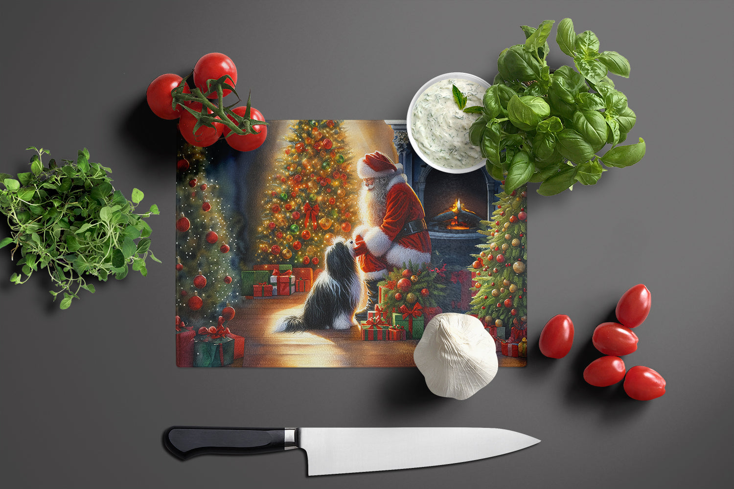 Tibetan Terrier and Santa Claus Cutting Board Tempered Glass Kitchen Cutting Surface, Heat Resistant Chopping, Non-Slip Feet, Food Prep & Serving