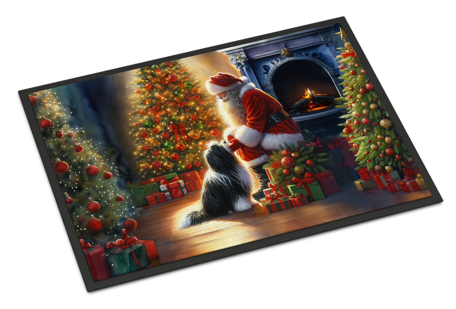 Tibetan Terrier and Santa Claus Doormat Indoor Outdoor 18H X 27W Front Door Mat Rugs for Entryway, Non Slip Washable