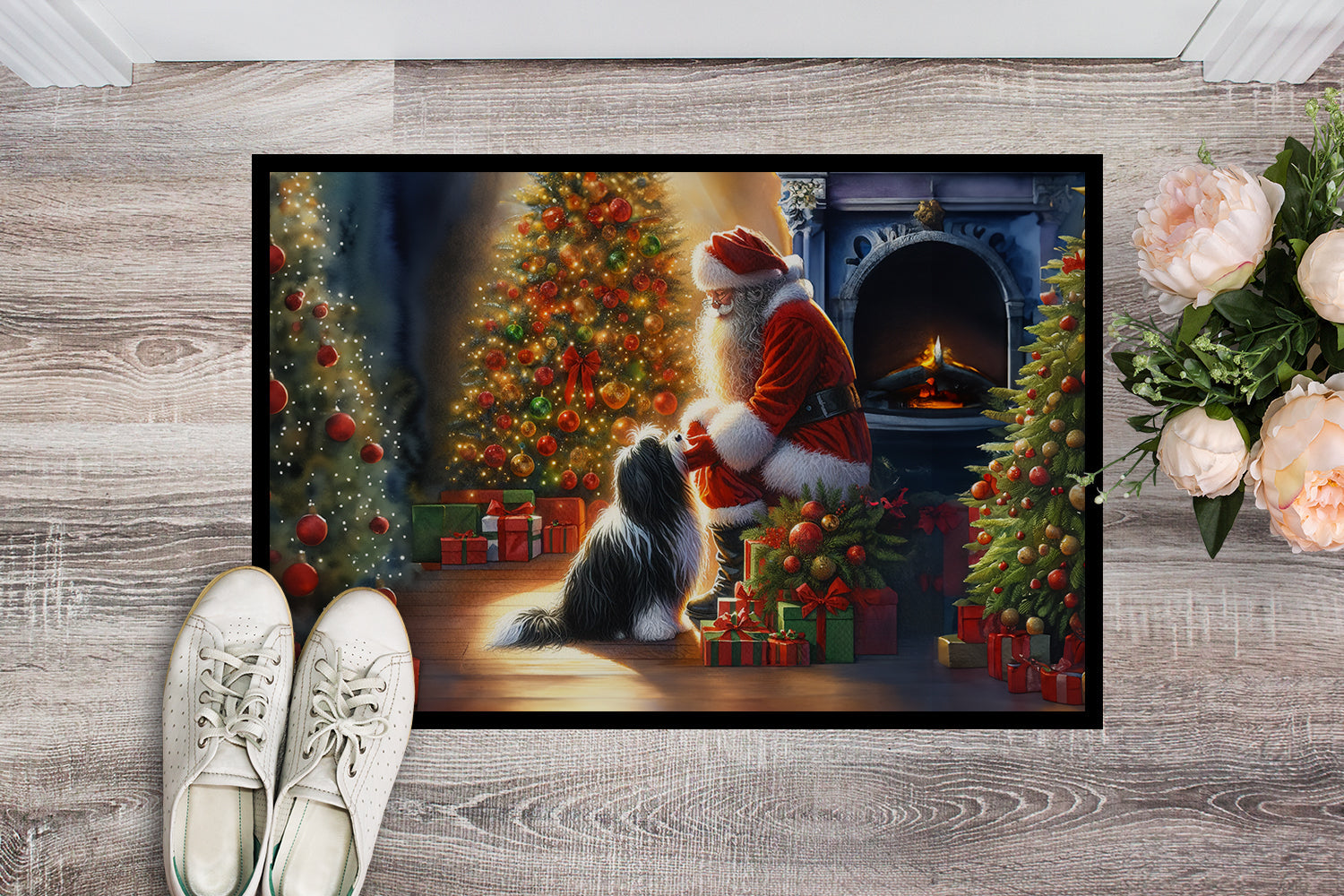 Tibetan Terrier and Santa Claus Doormat Indoor Outdoor 18H X 27W Front Door Mat Rugs for Entryway, Non Slip Washable