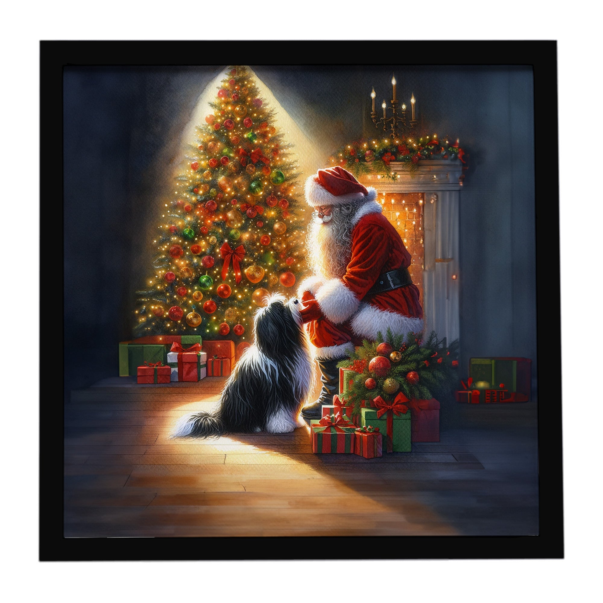 Tibetan Terrier and Santa Claus Framed Metal Print Bathroom, Kitchen, Office, Home Decor Wall Art Ready to Hang, Square, 8X8