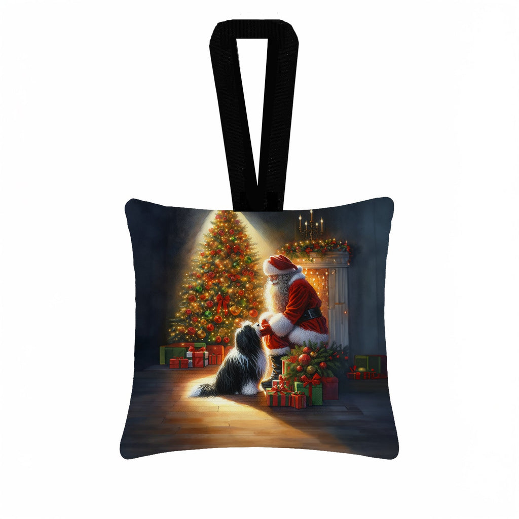 Tibetan Terrier and Santa Claus Hanging Square Fabric Ornament 3.5 × 3.5 Decorative Door-Knob & Tree Hanger, Soft Fabric