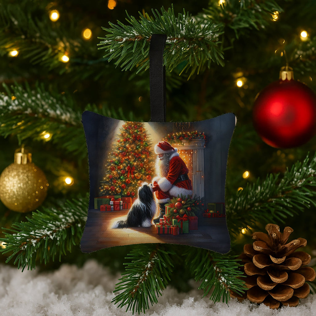 Tibetan Terrier and Santa Claus Hanging Square Fabric Ornament 3.5 × 3.5 Decorative Door-Knob & Tree Hanger, Soft Fabric