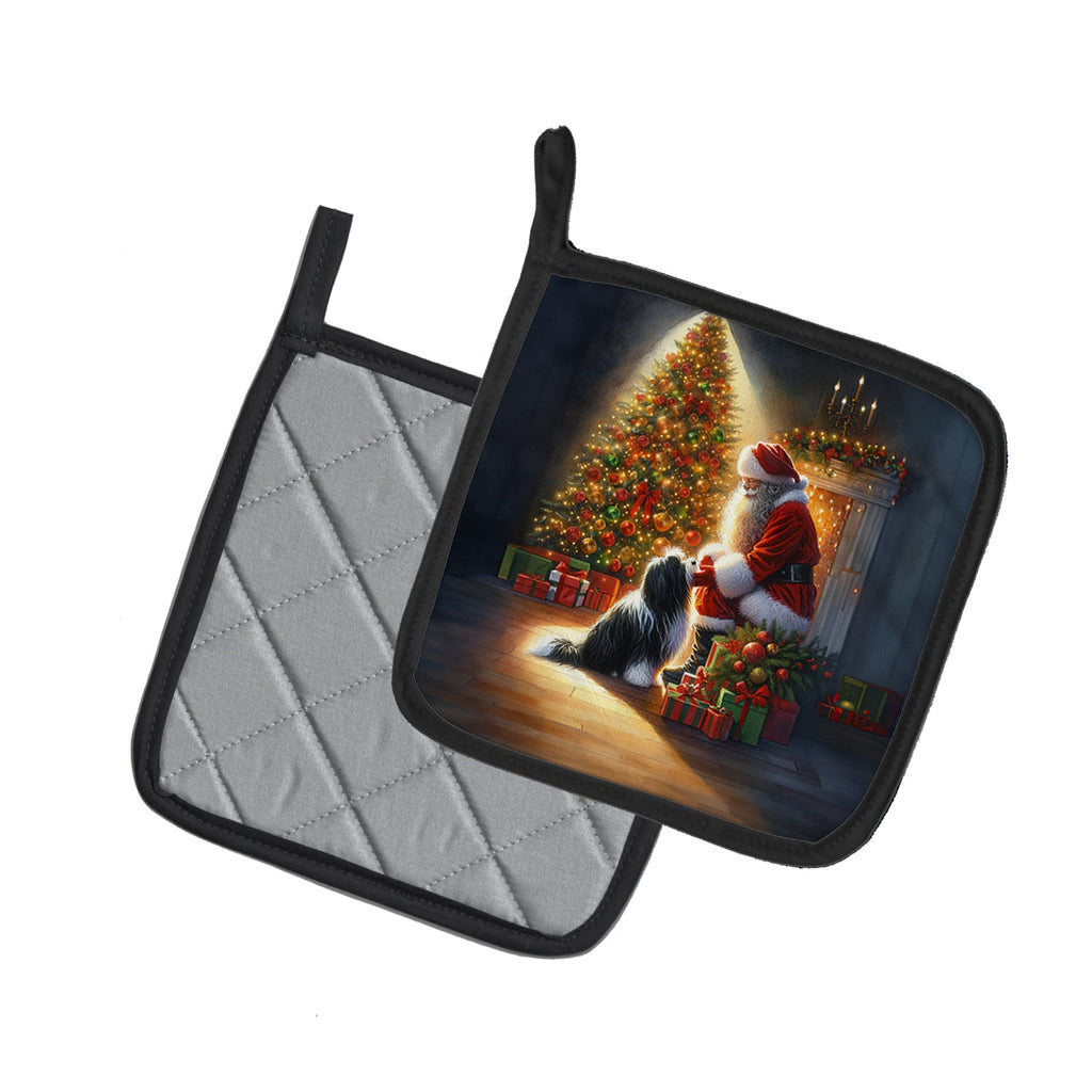 Tibetan Terrier and Santa Claus Pot Holder Set of 2 Heat Resistant Quilted Hot Pads 7.5 x 7.5 Inch, Insulated Kitchen Trivets for Cooking & Baking