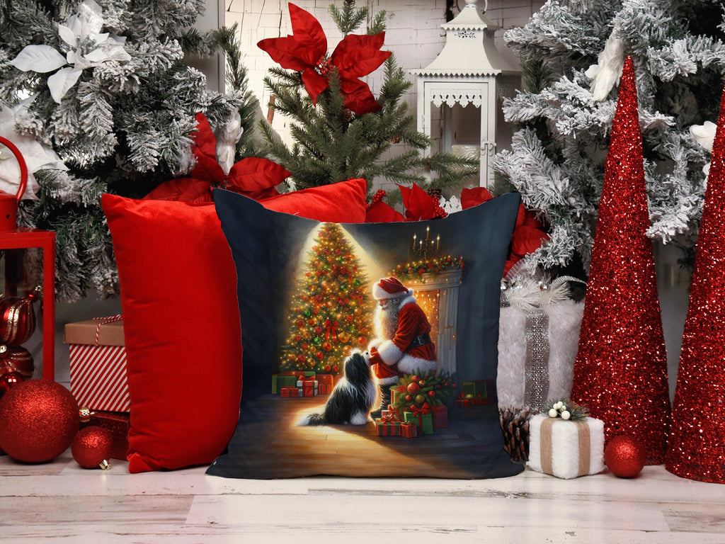 Tibetan Terrier and Santa Claus Decorative Throw Pillow 14x14 Indoor Outdoor Accent Cushion, Fabric Cover with Insert for Sofa, Bed, Porch & Living Room
