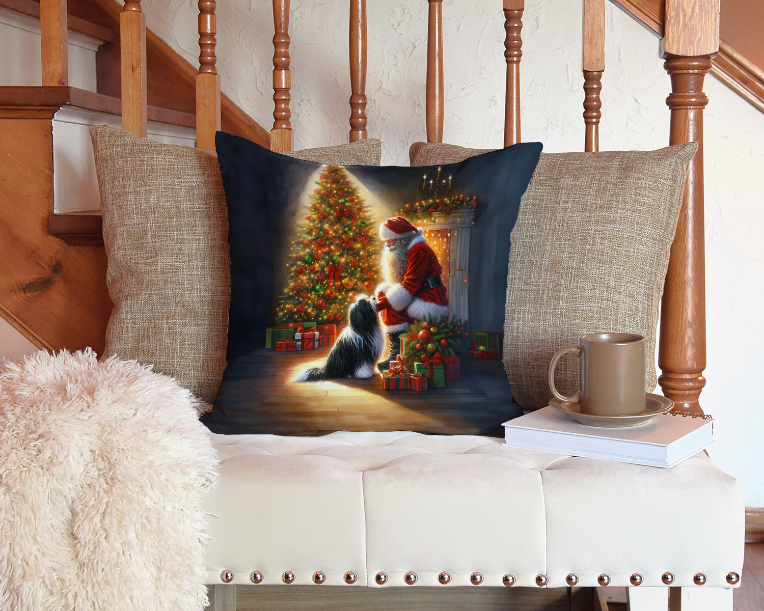 Tibetan Terrier and Santa Claus Decorative Throw Pillow 14x14 Indoor Outdoor Accent Cushion, Fabric Cover with Insert for Sofa, Bed, Porch & Living Room