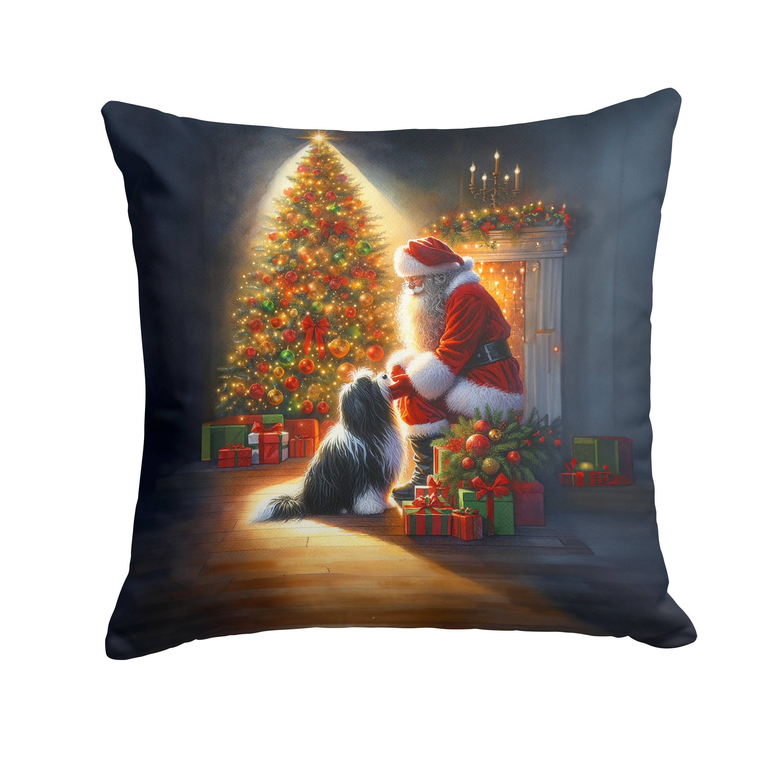 Tibetan Terrier and Santa Claus Decorative Throw Pillow 18x18 Indoor Outdoor Accent Cushion, Fabric Cover with Insert for Sofa, Bed, Porch & Living Room