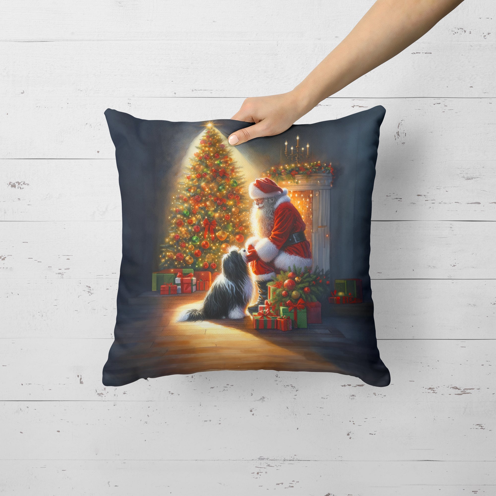 Tibetan Terrier and Santa Claus Decorative Throw Pillow 18x18 Indoor Outdoor Accent Cushion, Fabric Cover with Insert for Sofa, Bed, Porch & Living Room