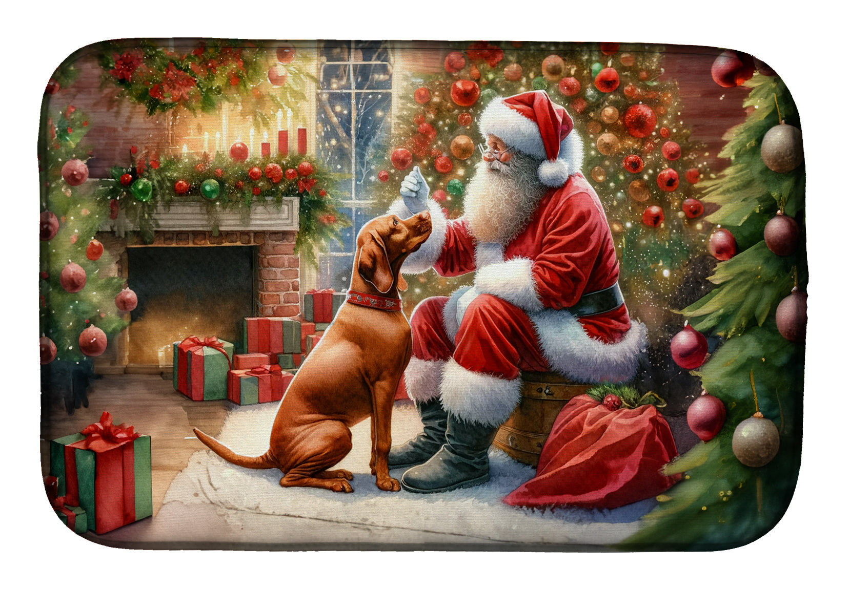 Vizsla and Santa Claus Dish Drying Mat Absorbent Dish Drying Mat Pad for Kitchen Counter Dish Drainer Mat for Countertop, 14 x 21", Multicolor