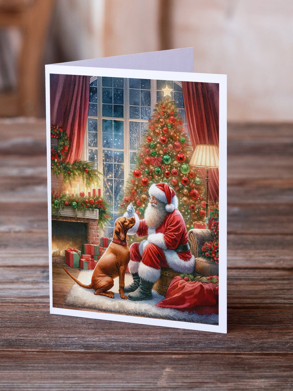Vizsla and Santa Claus Greeting Cards Pack of 8 Blank Cards with Envelopes Whimsical A7 Size 5x7