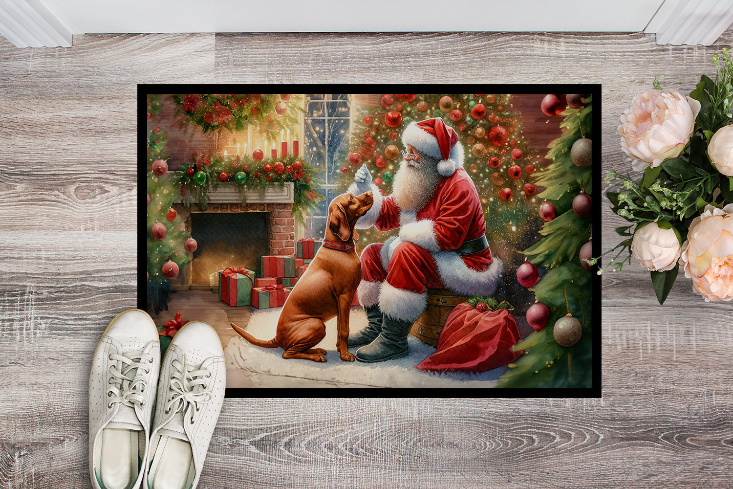 Vizsla and Santa Claus Doormat Indoor Outdoor 24H X 36W Front Door Mat Rugs for Entryway, Non Slip Washable Low Pile,