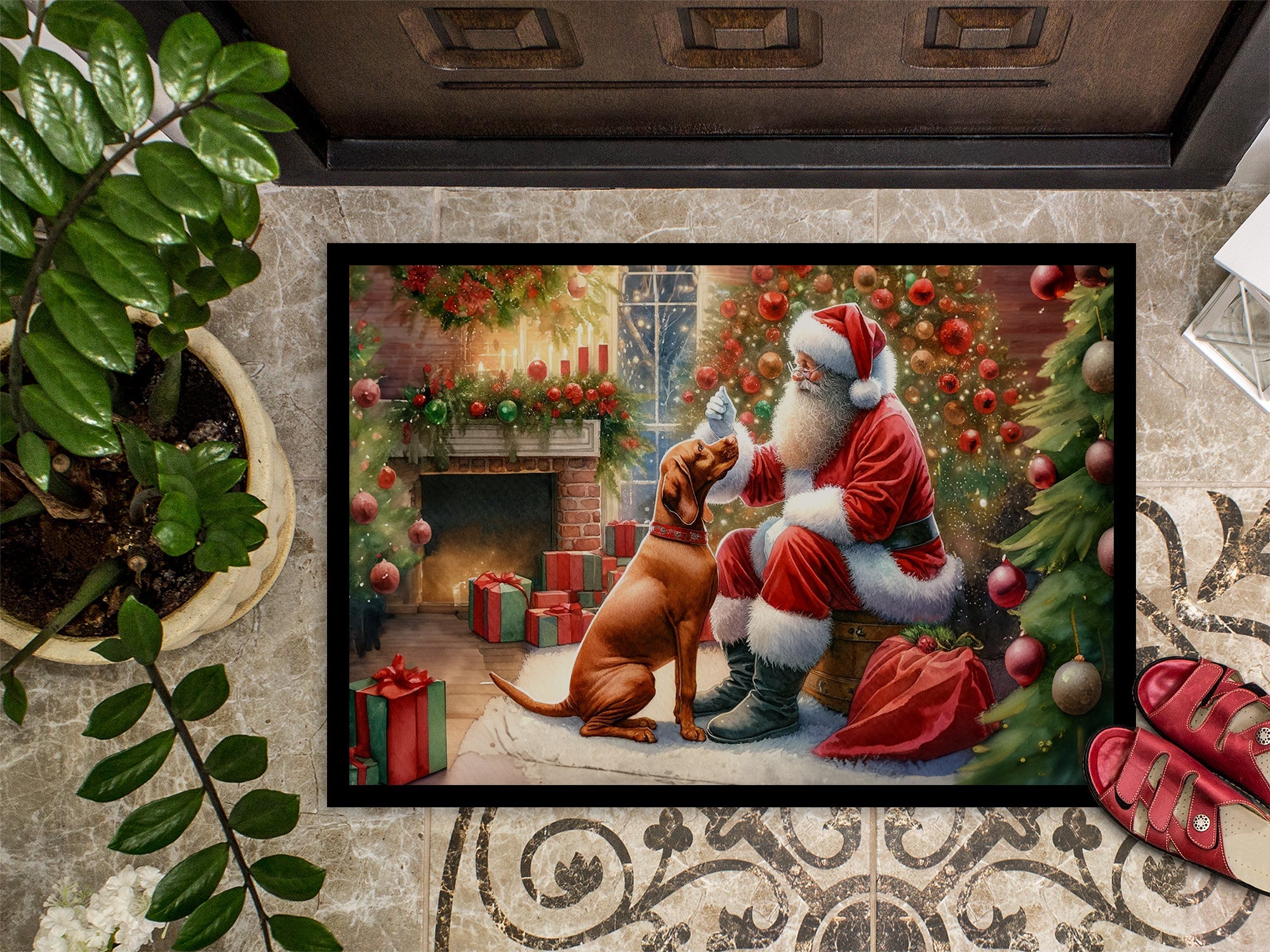 Vizsla and Santa Claus Doormat Indoor Outdoor 24H X 36W Front Door Mat Rugs for Entryway, Non Slip Washable Low Pile,