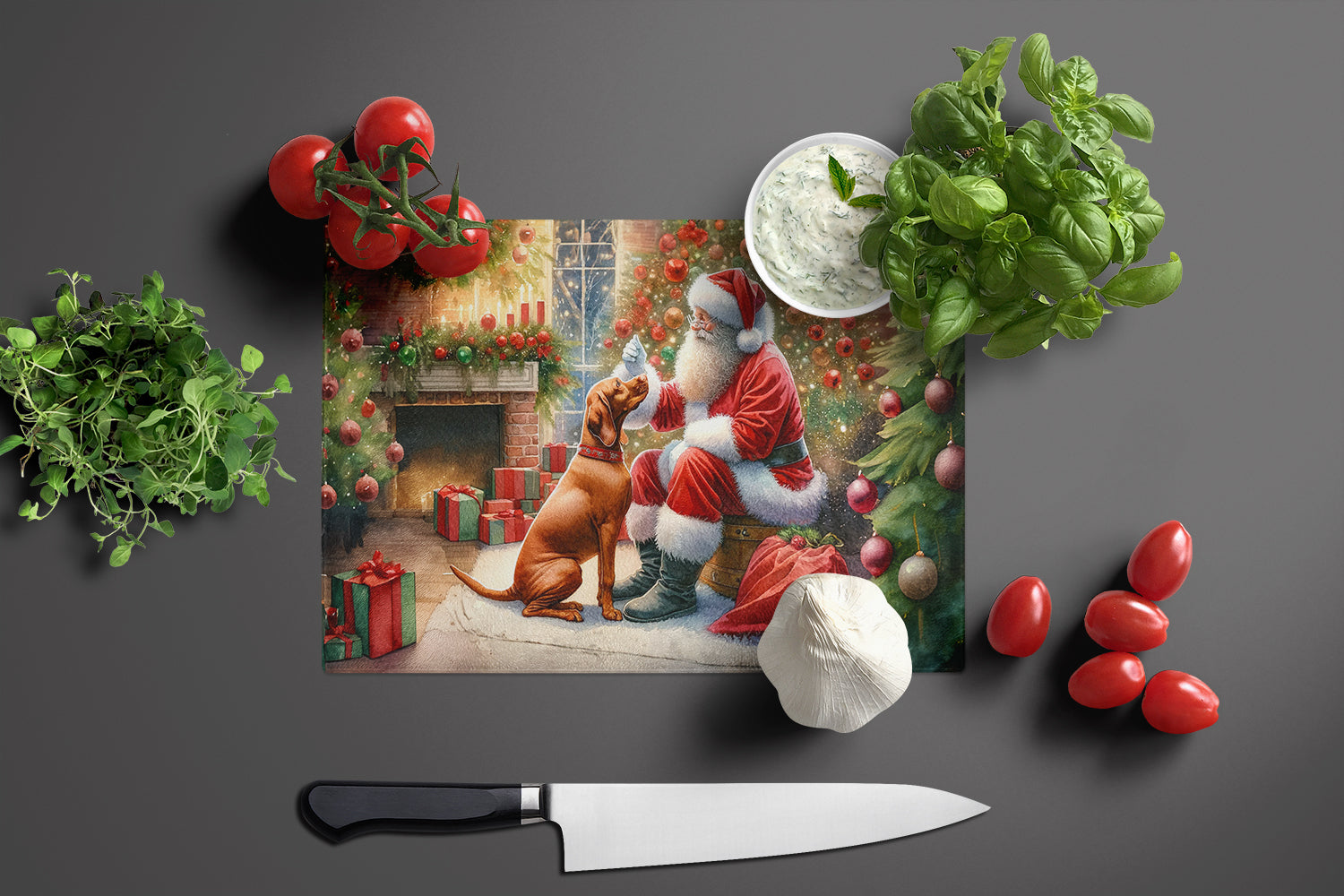 Vizsla and Santa Claus Cutting Board Tempered Glass Kitchen Cutting Surface, Heat Resistant Chopping, Non-Slip Feet, Food Prep & Serving