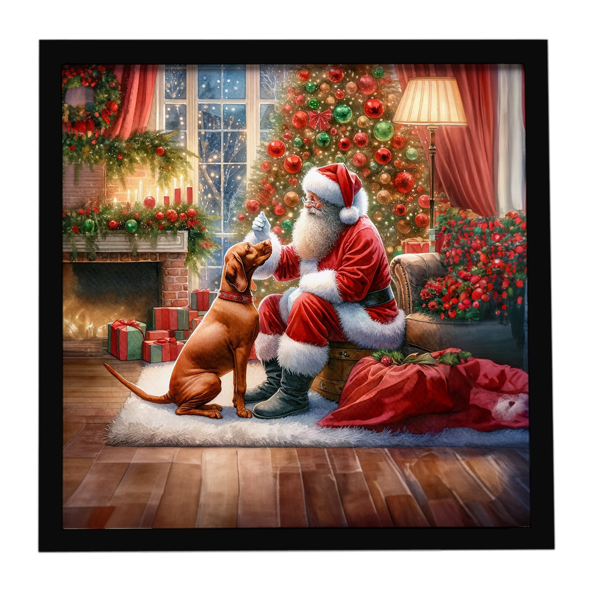 Vizsla and Santa Claus Framed Metal Print Bathroom, Kitchen, Office, Home Decor Wall Art Ready to Hang, Square, 8X8