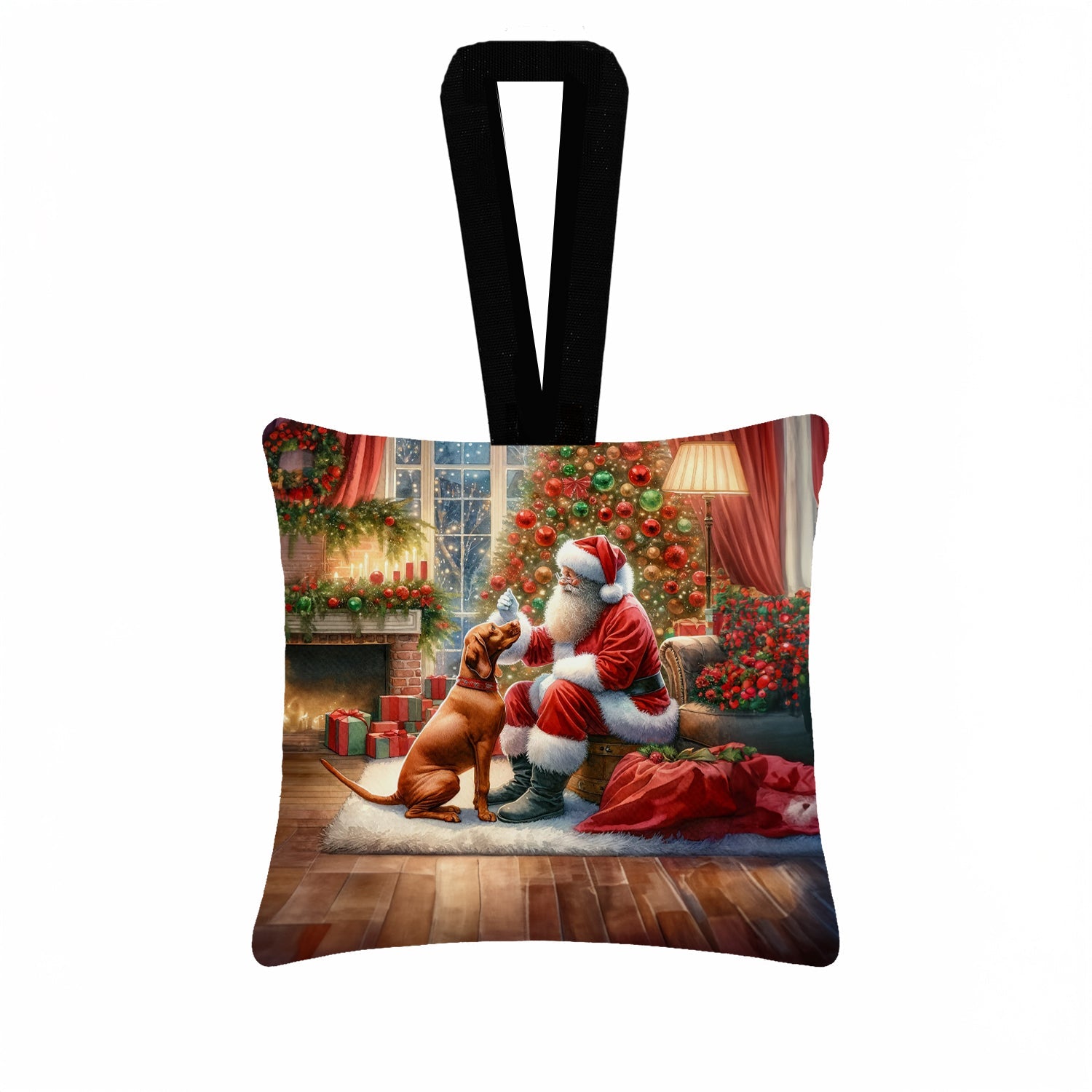 Vizsla and Santa Claus Hanging Square Fabric Ornament 3.5 × 3.5 Decorative Door-Knob & Tree Hanger, Soft Fabric
