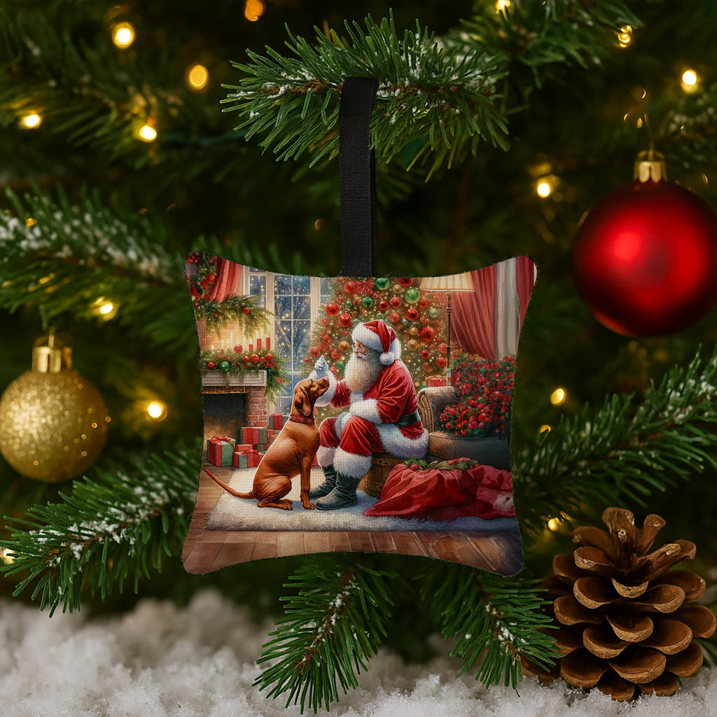Vizsla and Santa Claus Hanging Square Fabric Ornament 3.5 × 3.5 Decorative Door-Knob & Tree Hanger, Soft Fabric