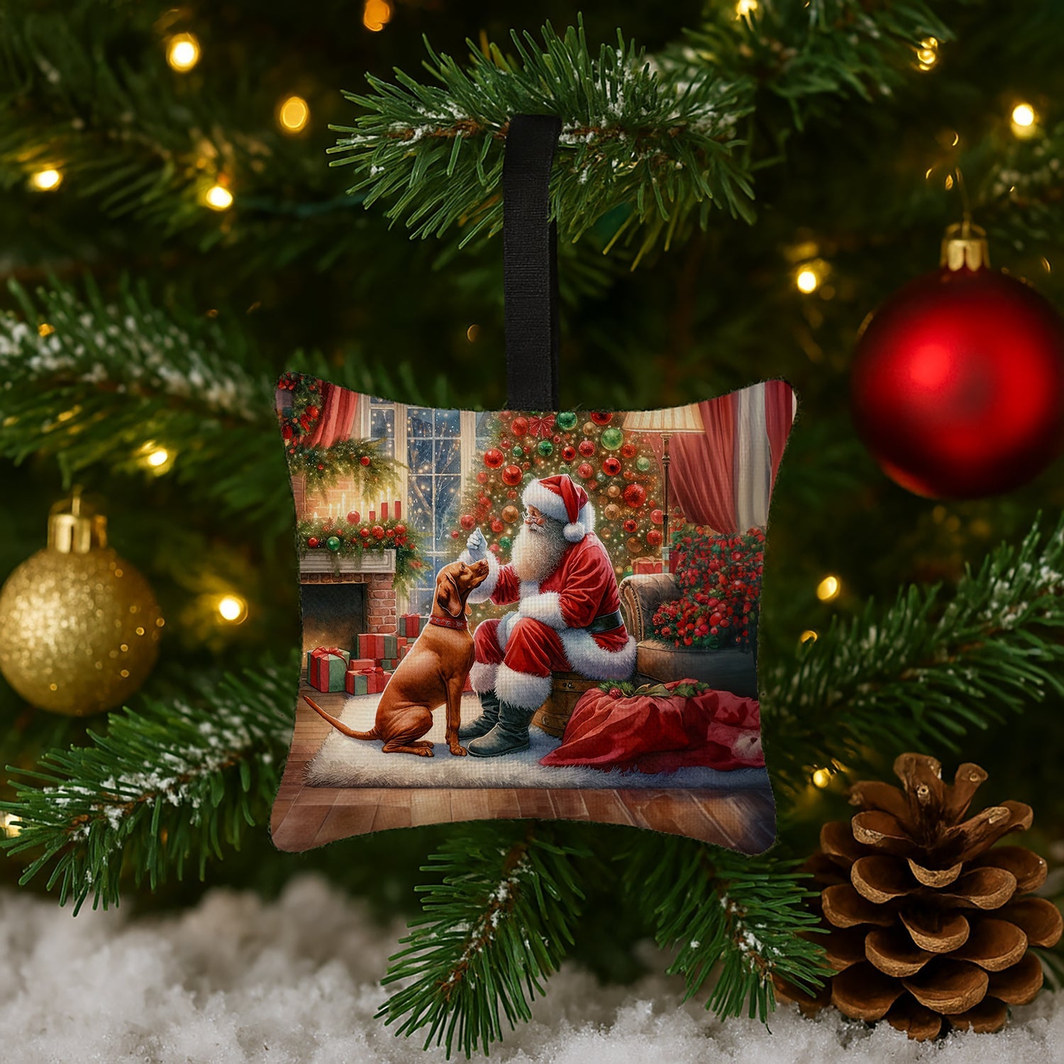 Vizsla and Santa Claus Hanging Square Fabric Ornament 3.5 × 3.5 Decorative Door-Knob & Tree Hanger, Soft Fabric