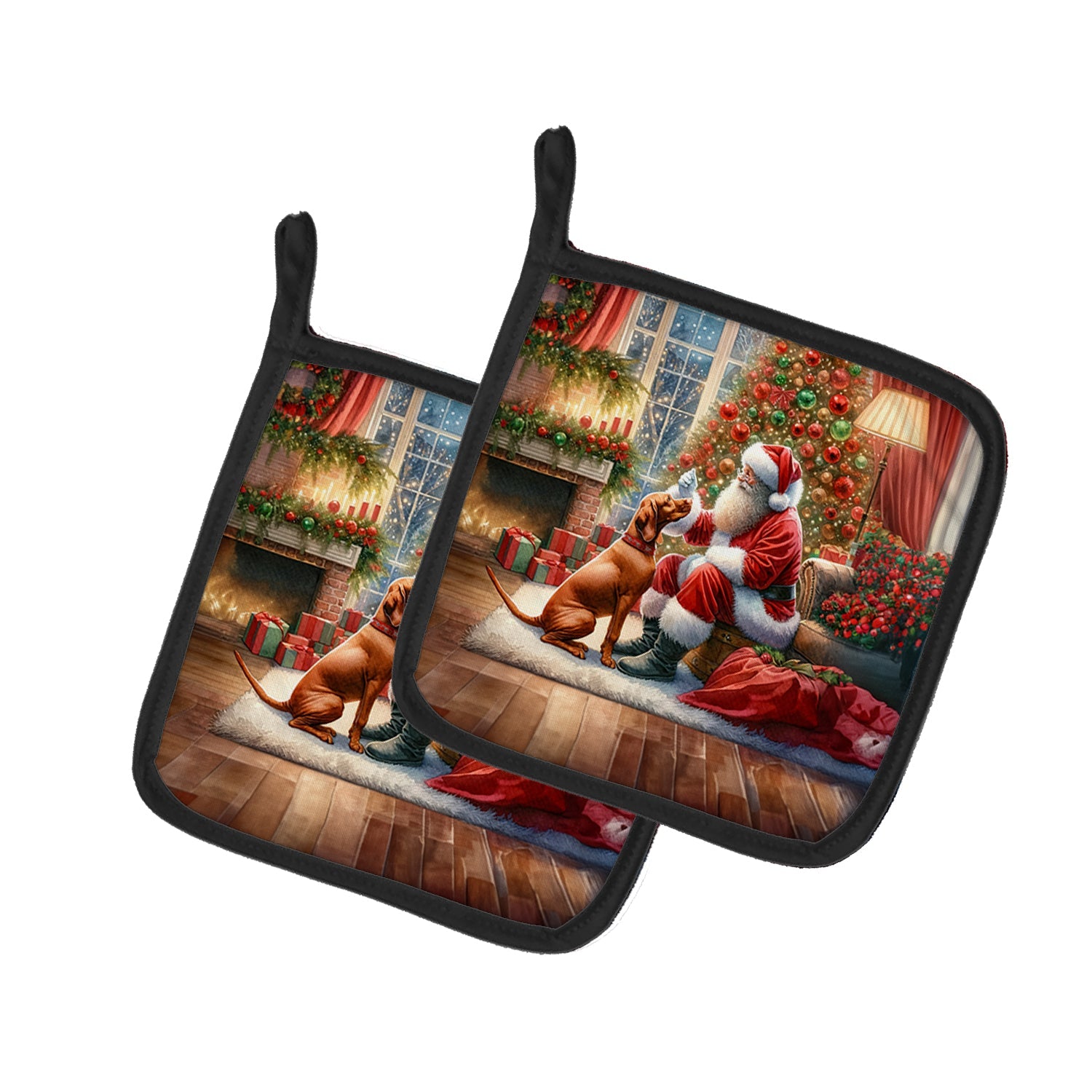 Vizsla and Santa Claus Pot Holder Set of 2 Heat Resistant Quilted Hot Pads 7.5 x 7.5 Inch, Insulated Kitchen Trivets for Cooking & Baking