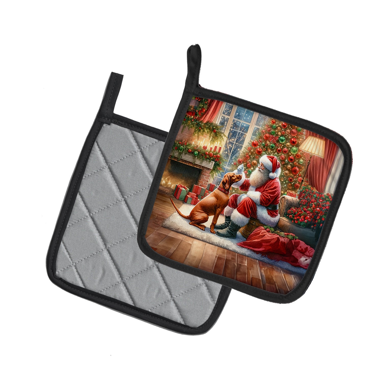 Vizsla and Santa Claus Pot Holder Set of 2 Heat Resistant Quilted Hot Pads 7.5 x 7.5 Inch, Insulated Kitchen Trivets for Cooking & Baking