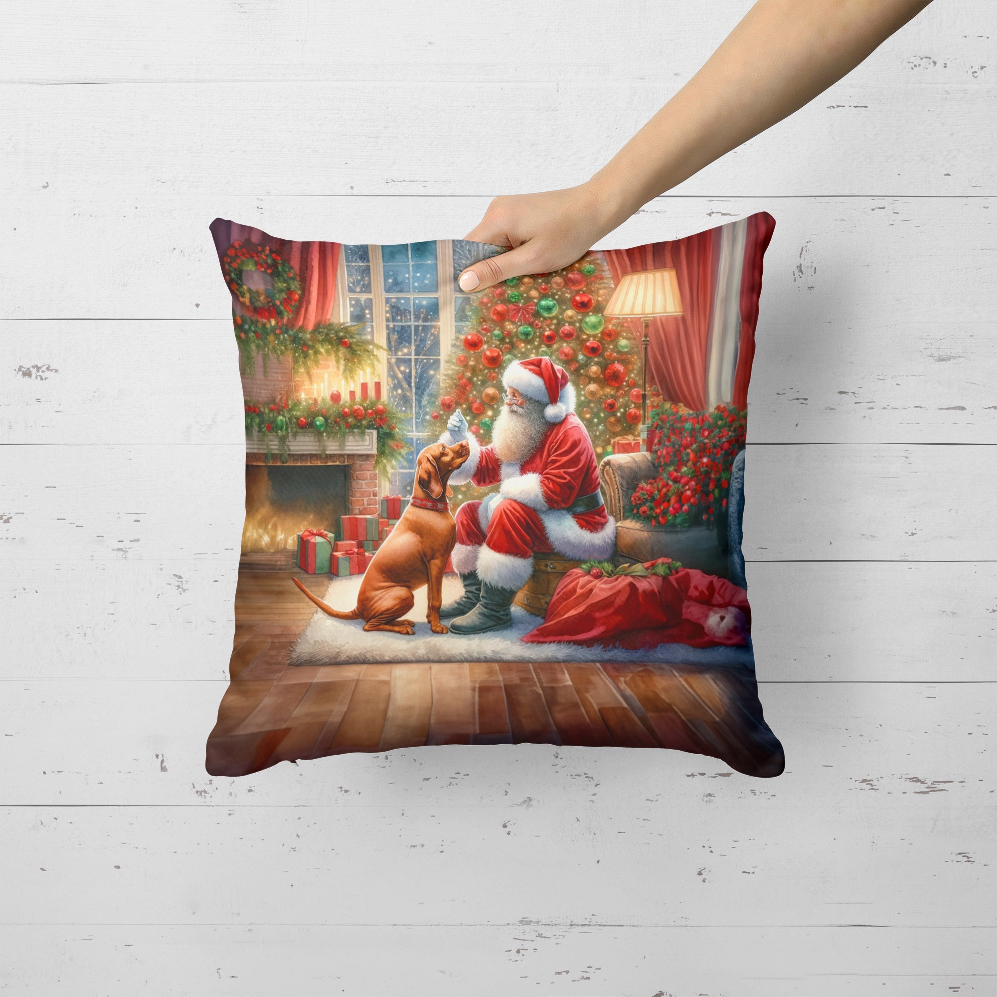 Vizsla and Santa Claus Decorative Throw Pillow 18x18 Indoor Outdoor Accent Cushion, Fabric Cover with Insert for Sofa, Bed, Porch & Living Room
