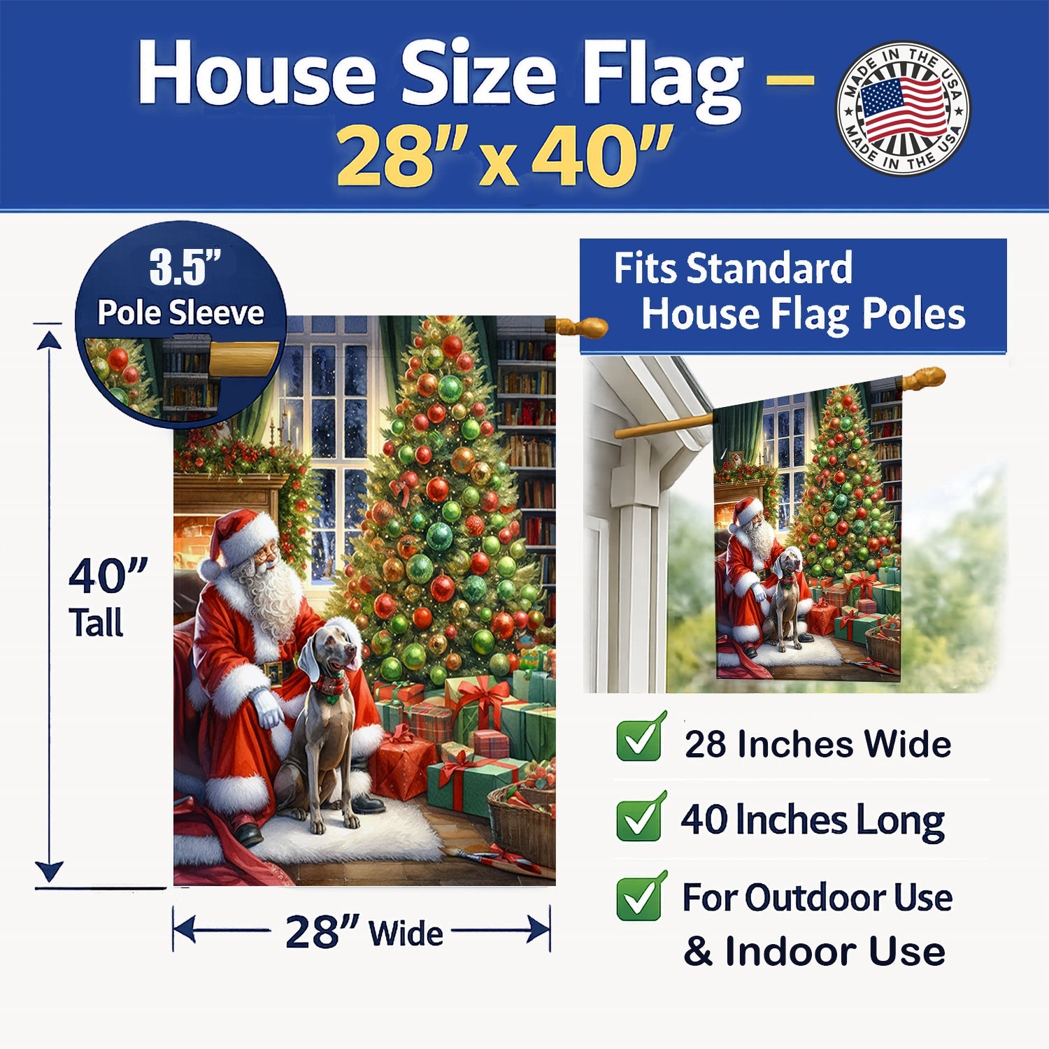 Weimaraner and Santa Claus House Flag 28x40 Porch Sleeve Pole Decorative Outside Yard Banner Artwork Wall Hanging, Polyester